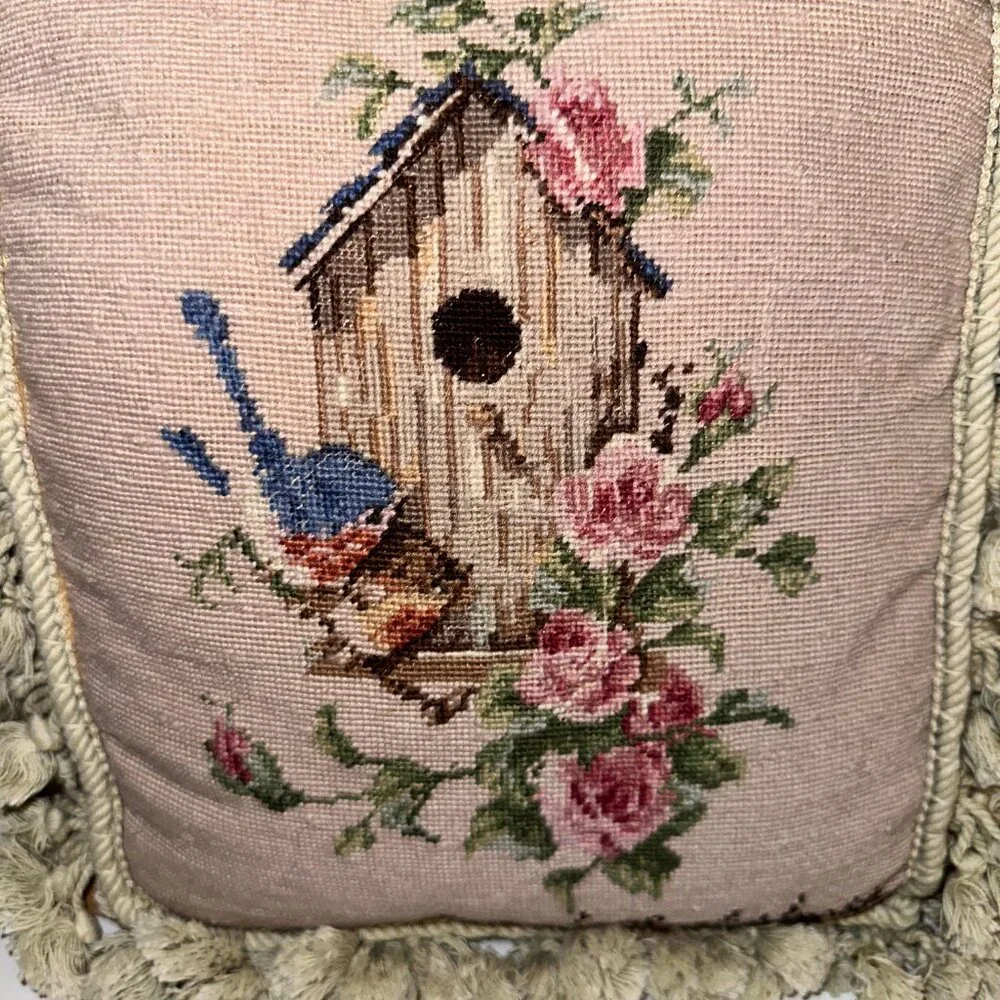Needlepoint Pillow Birdhouse Blue Birds Carolyn Wright 13